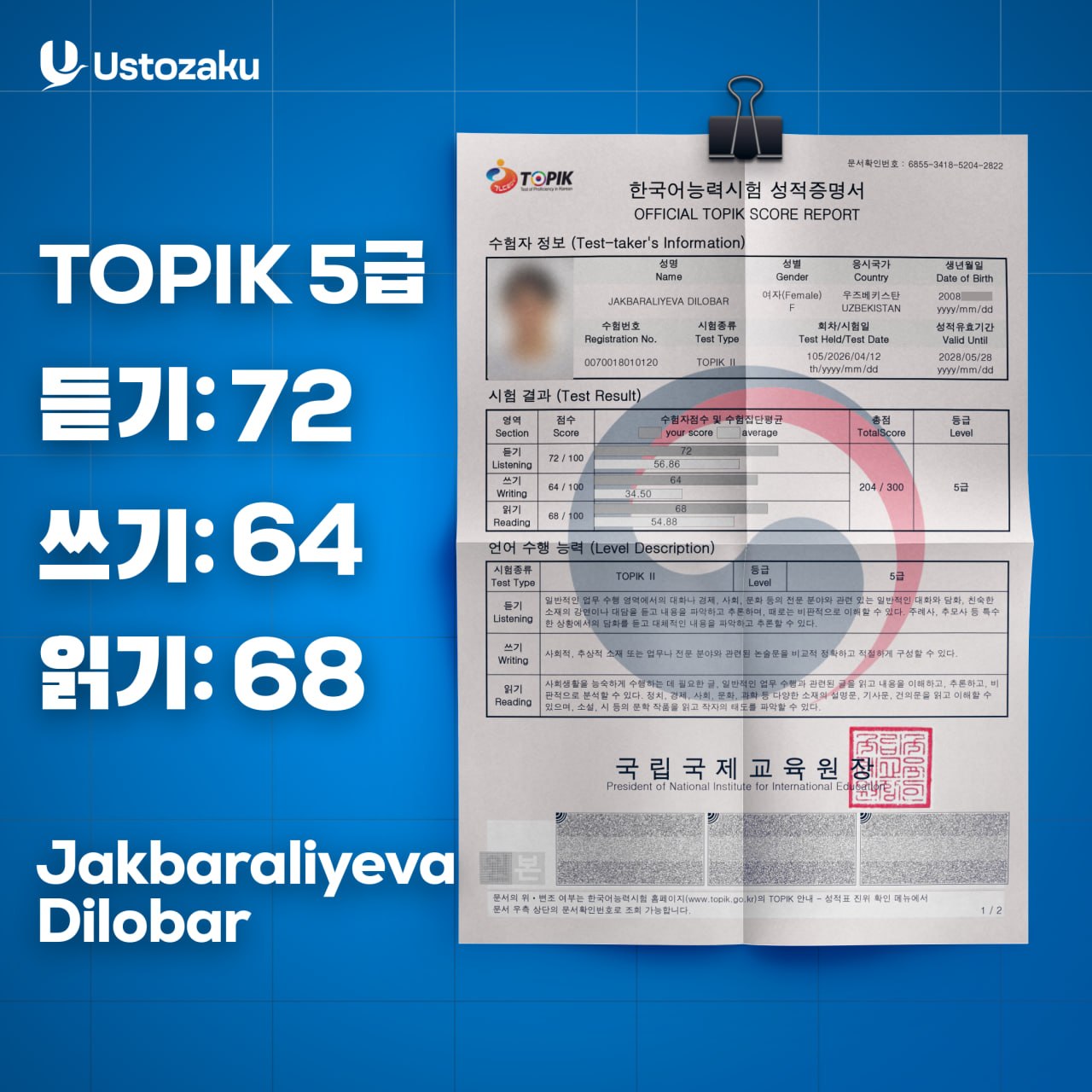 Jakbaraliyeva Dilobar — TOPIK 5, 204/300 ball