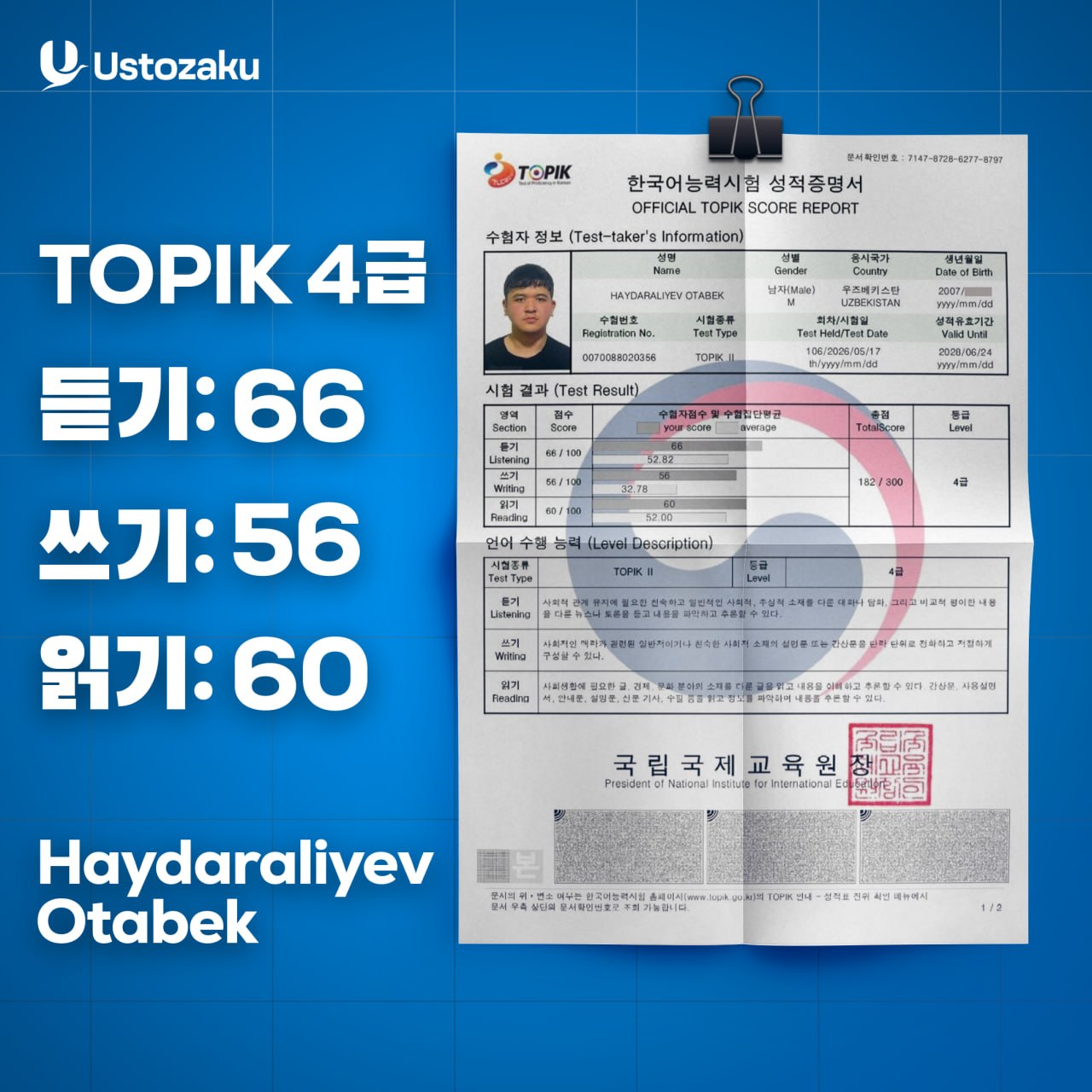 Haydaraliyev Otabek — TOPIK 4, 182/300 ball