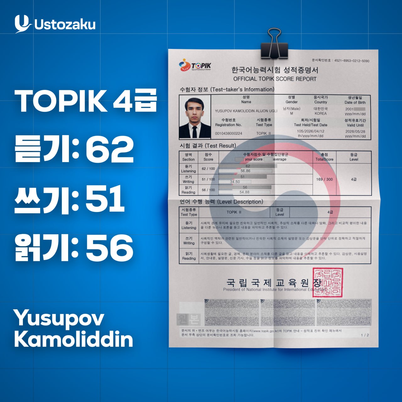 Yusupov Kamoliddin — TOPIK 4, 169/300 ball